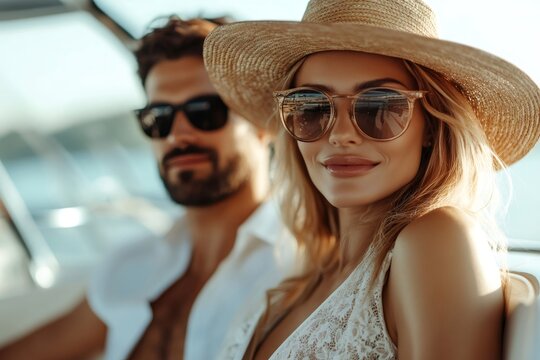 Elegant couple wearing sunglasses enjoying a luxury yacht trip