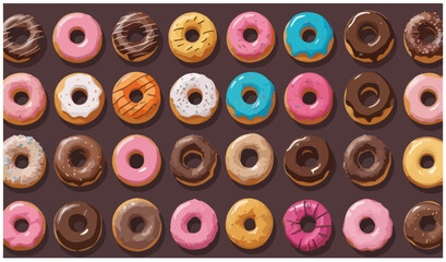 A vector illustration of assorted donuts with colorful icing and chocolate glaze, arranged in neat rows on a dark background.