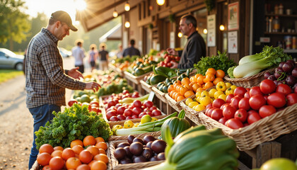 Customer enjoying fresh produce at vibrant farmer's market, freshness