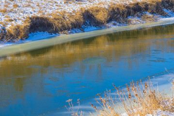 small melting winter frozen river flow among a forest