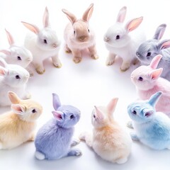 Fototapeta premium Pastel bunnies gather in a circle on white