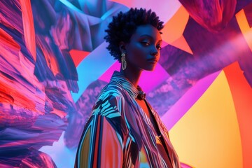 Fototapeta premium Vibrant portrait of african female in colorful abstract setting.