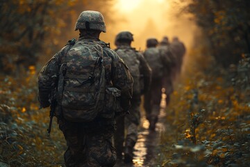Fototapeta premium Us soldiers patrolling in a forest at sunset