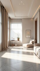 Spacious modern living room with large windows, light curtains, central table with books and vase, light tiles, cozy armchair, wall art, and soft natural light for a relaxed interior setting.