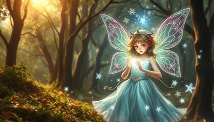 Fairy girl in magical forest holding light