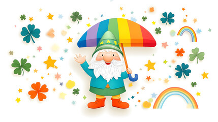cheerful gnome holding rainbow umbrella surrounded by clovers and stars
