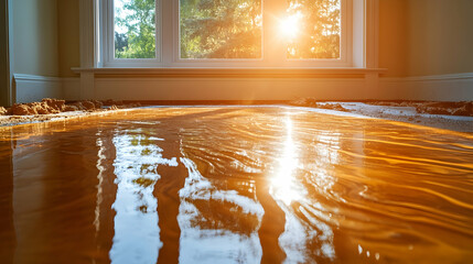 Wet epoxy floor coating reflecting sunlight near window.