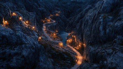 Illuminated pathway winding through a dark rocky gorge