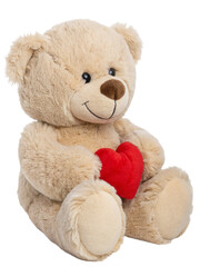Obraz premium Cute beige teddy bear holding a red heart, sitting in three-quarter view, isolated on a transparent background