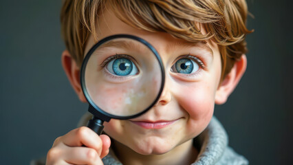 child looking through a magnifying glass, exploring the world, science, education, biology, curiosity, childhood