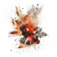Fiery explosion creating a colorful cloud of dust and debris on white background