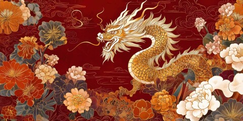Chinese New Year banner with a majestic golden dragon silhouette, vibrant 3D flowers, and swirling Asian clouds, all on a deep red background with ornate golden detailing.