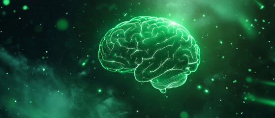 A conceptual glowing brain in green hues, surrounded by ethereal particles, symbolizes intelligence and creativity