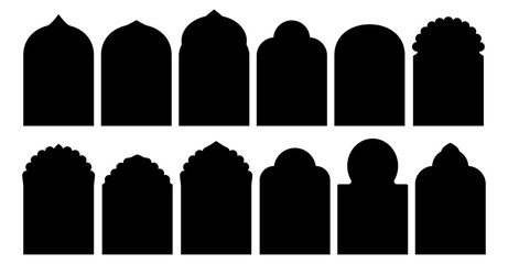Indian arch window. Islam shape frame for door. Circular, trefoil and cusped arc silhouette element design for gate architecture art. Eastern border portal badge template for traditional graphic.