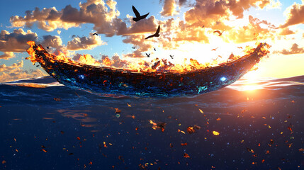 Burning plastic waste forming a crescent shape floats on the ocean at sunset, birds flying above.