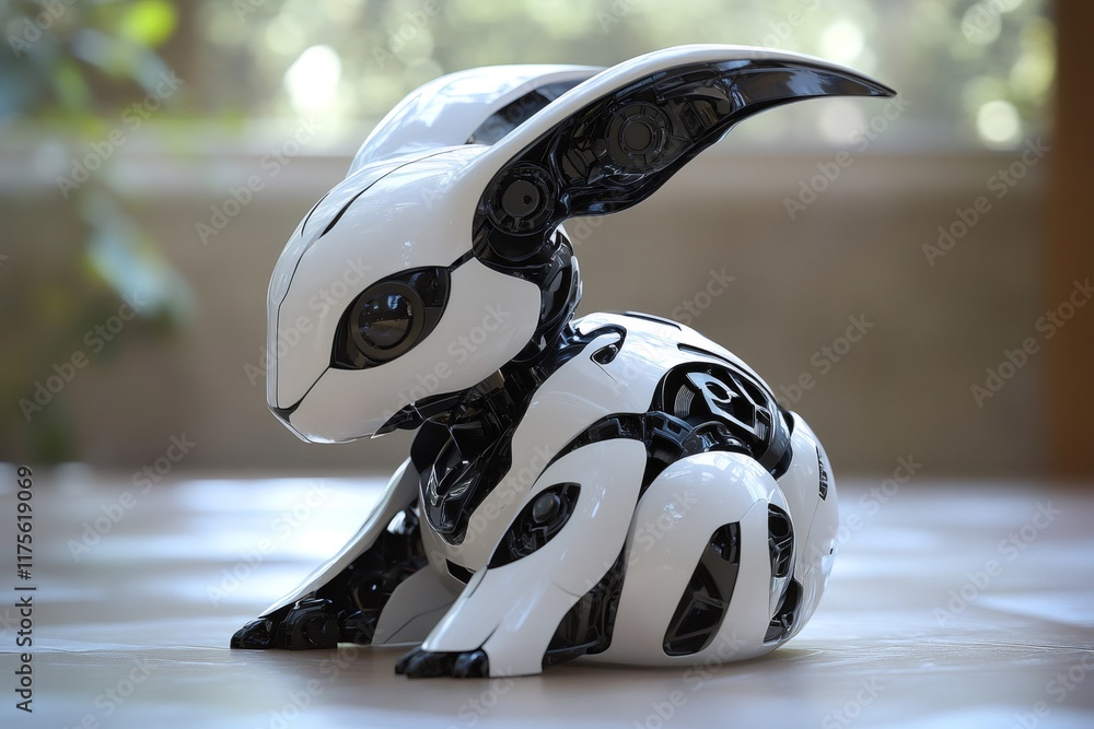Aufkleber white and black futuristic robot bunny resting on table