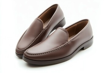 Naklejka premium Brown leather loafers on white background with soft shadow.