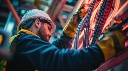 Fototapeta premium Electrician working on complex wiring system in industrial setting.