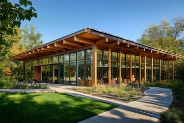 Obraz premium Modern Glass & Wood House Exterior, Landscaped Garden