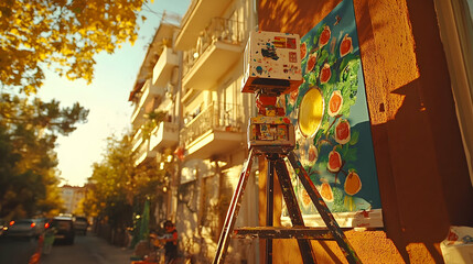 Street art creation in progress, vibrant colors, autumnal setting.