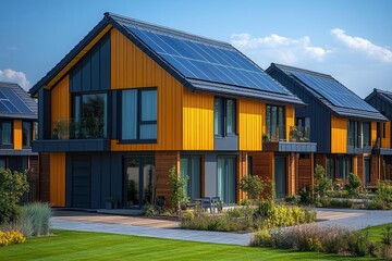 Fototapeta premium row of homes featuring solar panels on rooftops set against a blue sky symbolizing sustainability and the shift towards renewable energy in modern housing
