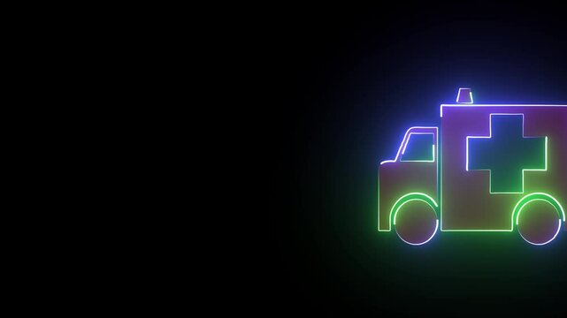 Neon Ambulance car icon. Emergency car line icon saber animation on black background. 4K.