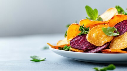 Colorful vegetable chips with fresh greens on plate.