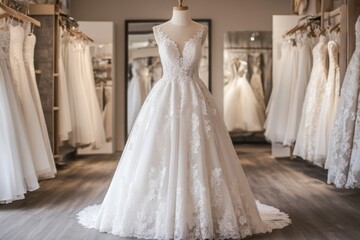 Naklejka premium Close-up of a lace wedding dress in a bridal shop, intricate details of the fabric displayed against a soft-lit background