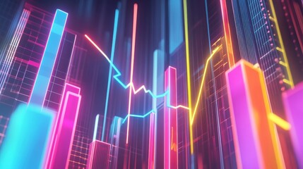 Abstract neon city skyline with vibrant color bars and dynamic graph lines.