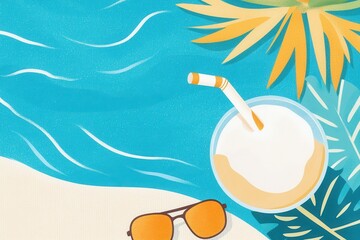 Illustration Tropical beach vibes with refreshing coconut drink and sunglasses.