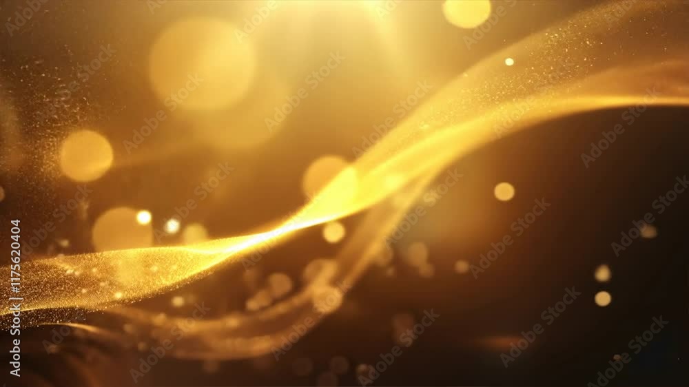 Poster golden light waves shimmer and sparkle, creating festive background filled with glowing bokeh partic