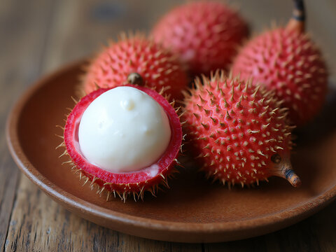 Fresh Pulasan Fruits on a Plate with Opened Flesh