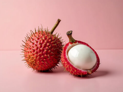 Pulasan Fruits with Opened Shell on Pink Background