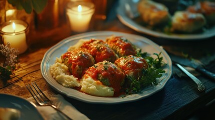 Delicious meatballs served on a plate with creamy mashed potatoes, greens, and candlelight for a cozy dining experience.