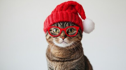 Tabby Cat Wearing Red Knit Hat and Glasses against White Background.