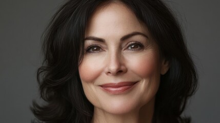 Obraz premium Close-up portrait of a middle-aged American woman smiling warmly, her smooth and glowing complexion emphasized against a neutral backdrop.