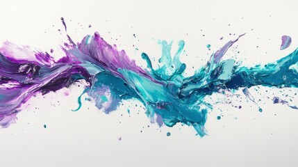Abstract paint splash, purple and teal colors collide and blend.