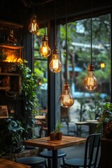 Hanging edison light bulbs illuminating cozy cafe interior