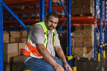 Tiredness from hard work concept. Warehouse worker sitting on the floor in warehouse after tiring work.