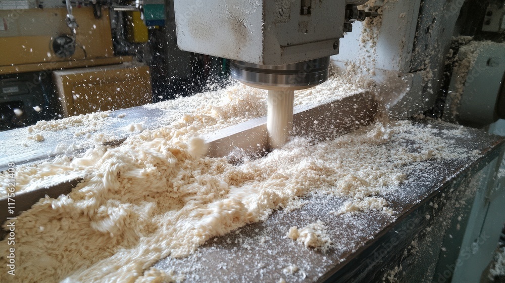 Aufkleber close-up view of wood shavings and cutting process in a woodworking machine, focused on precision an