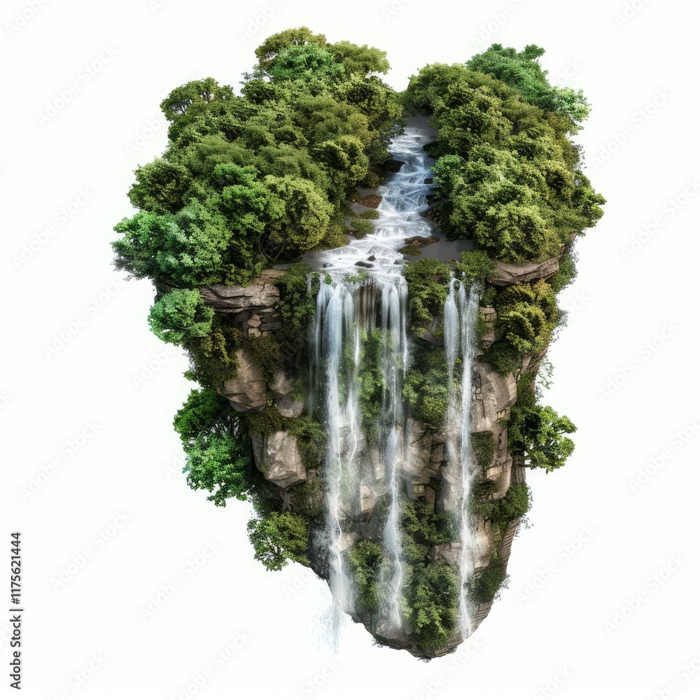 Poster lush vegetation thrives on a floating island with a cascading waterfall, creating a surreal and tran