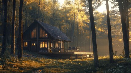 Cozy Cabin in the Forest Surrounded by Tall Trees and Soft Light