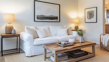 Fototapeta premium Coastal Living Room Interior Design White Sofa Wooden Coffee Table Neutral Decor