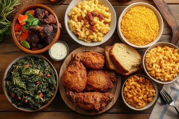 Southern comfort food feast with fried chicken, macaroni, and vegetables.
