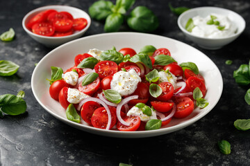 Ricotta cheese salad with cherry tomatoes, onion and basil. Healthy food