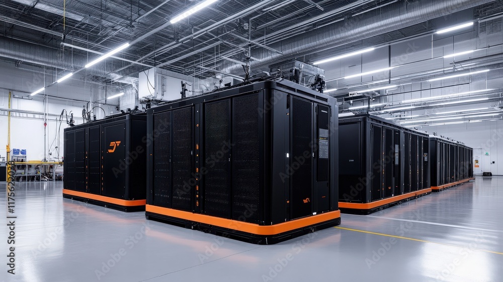 Poster modern data center with high-performance servers in a technology-focused environment featuring black