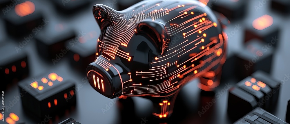 Poster a futuristic piggy bank with glowing circuitry sits on a keyboard, symbolizing the intersection of f