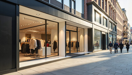 Obraz premium Minimalist storefront reflecting city life on bustling afternoon, urban elegance