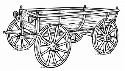Fototapeta premium A simple wooden wagon with large wheels perfect for farm or historical illustrations. Can be used for coloring pages or educational materials.
