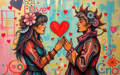 Fototapeta premium Romantic illustration with hearts.